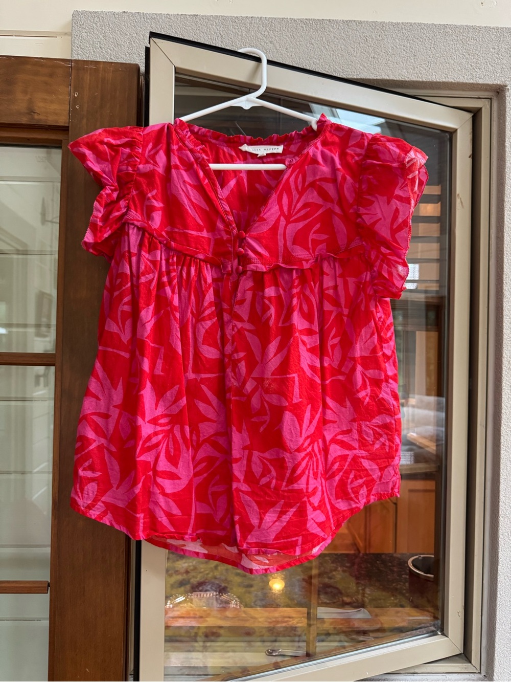 MELISSA NEPTON Hot Pink and Red Leaf-Print Flutter Sleeve Top